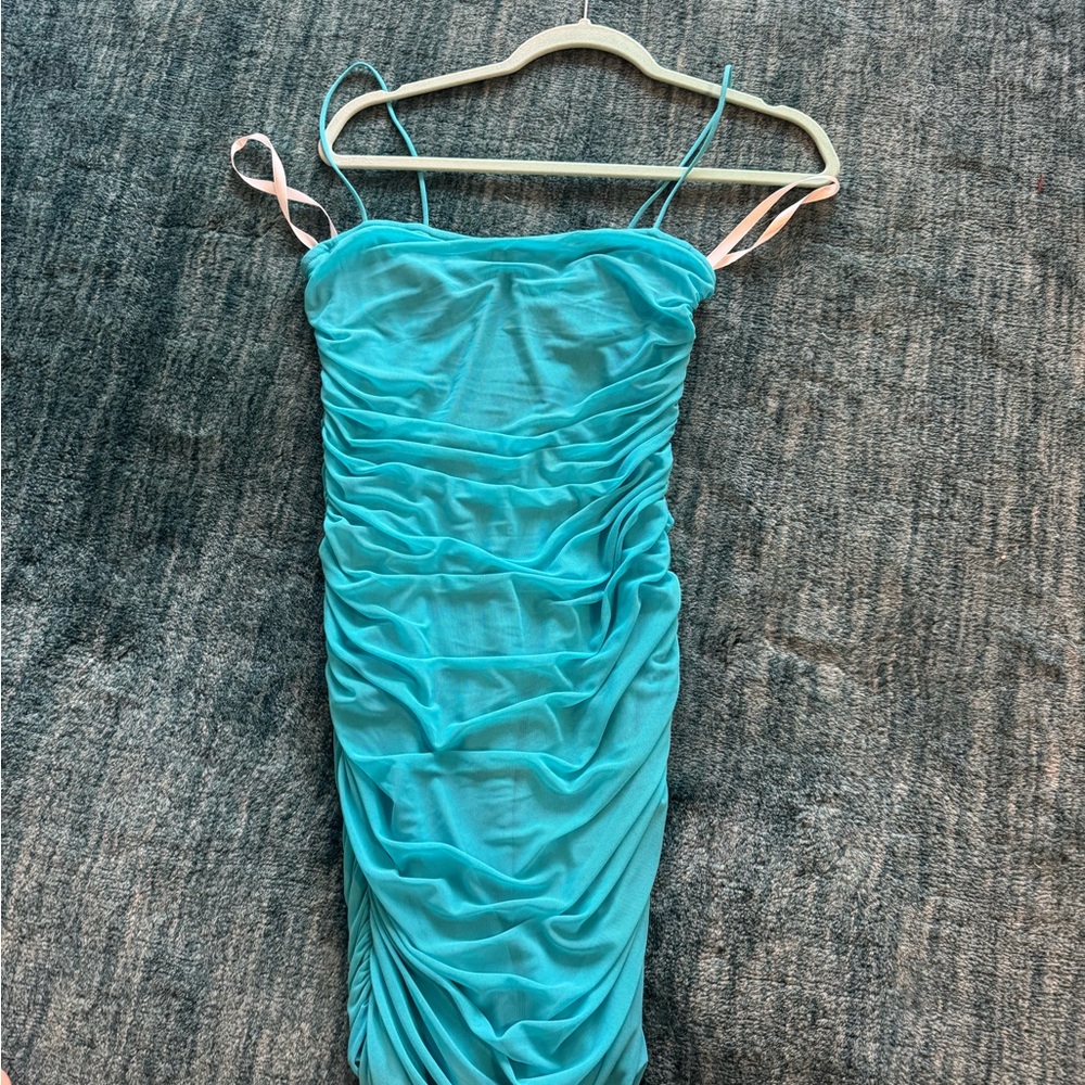 Superdown Blue Ruched Spaghetti Strap Mini Dress